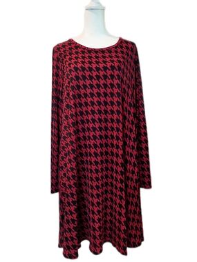 Long Sleeve Red & Black Houndstooth Swing Dress
